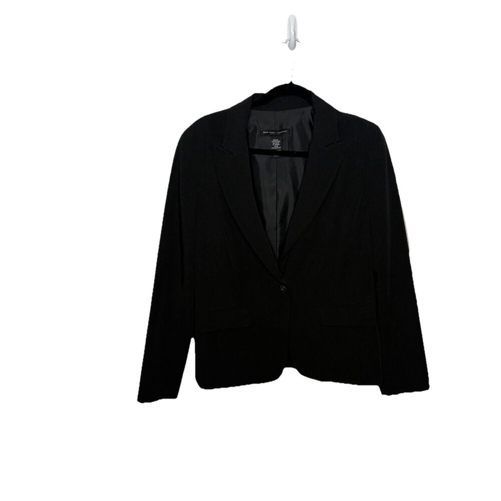 New York & Company Stretch Black Pinstripe Blazer Jacket One Button Sz 12 Womens